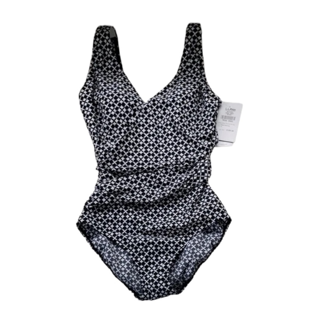 LL Bean ✘ Black Diamonds One Piece UPF Crossover Geometric Slimming Swim Suit - Picture 3 of 5